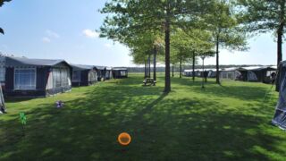 Kampeerveld met een ochtendzonnetje. Kampeerveld vanaf de toegang